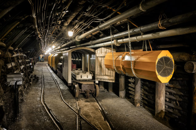 Hard coal mine underground corridor with steel support system and electrical equipment, Bochum, Germany